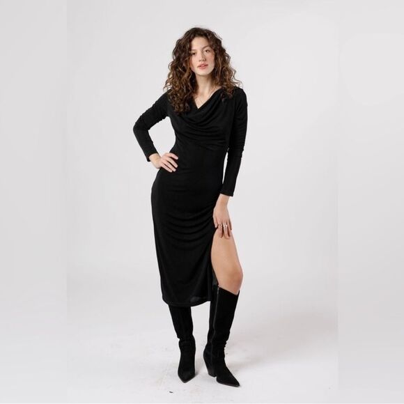 Band Of The Free Annabelle Black Cowl Neck Midi Dress NWT - Picture 4 of 14